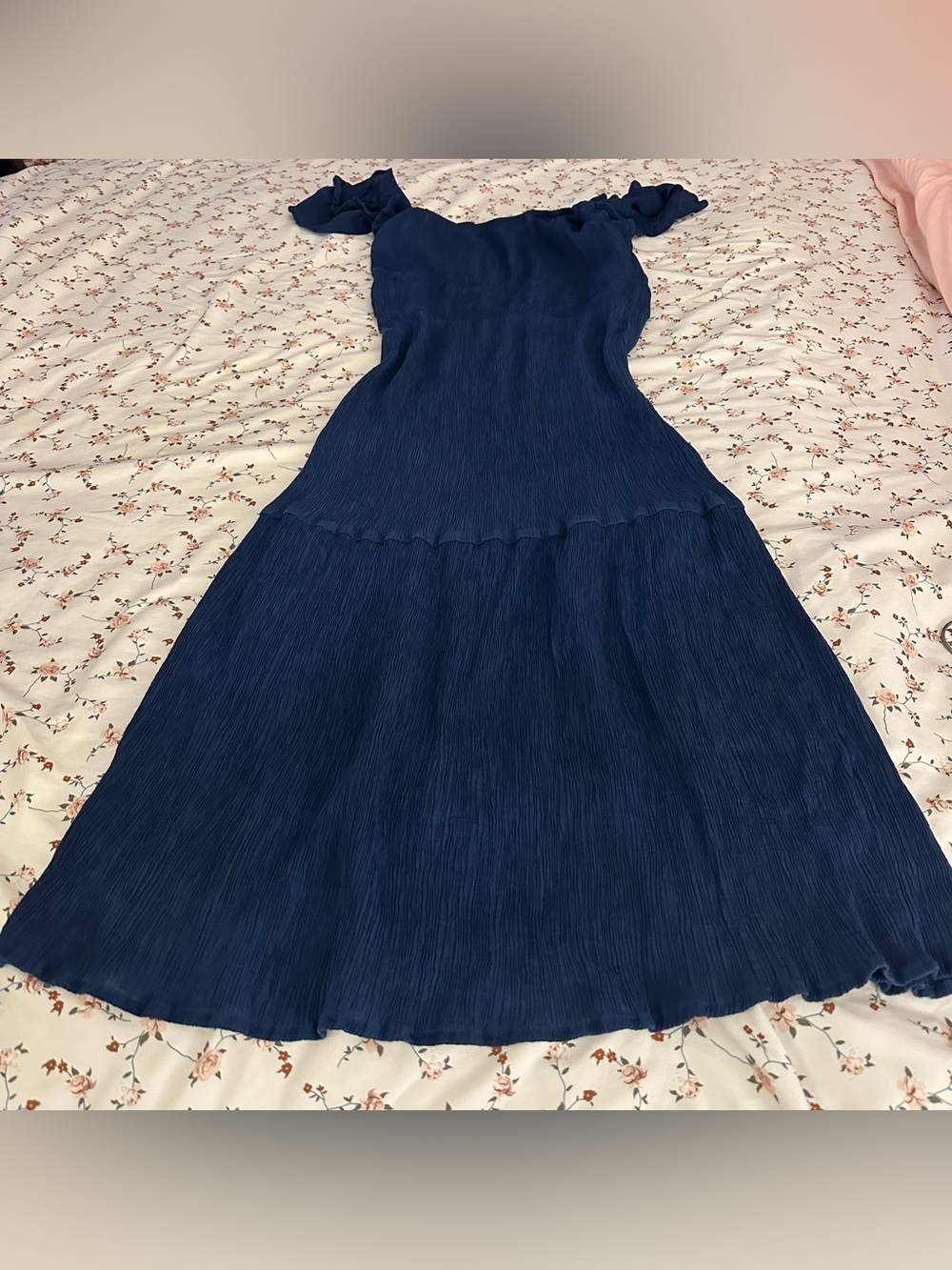 Lucky Brand Navy Blue Maxi Dress Ruffle Tiered Crinkle Romantic boho chic Indy S